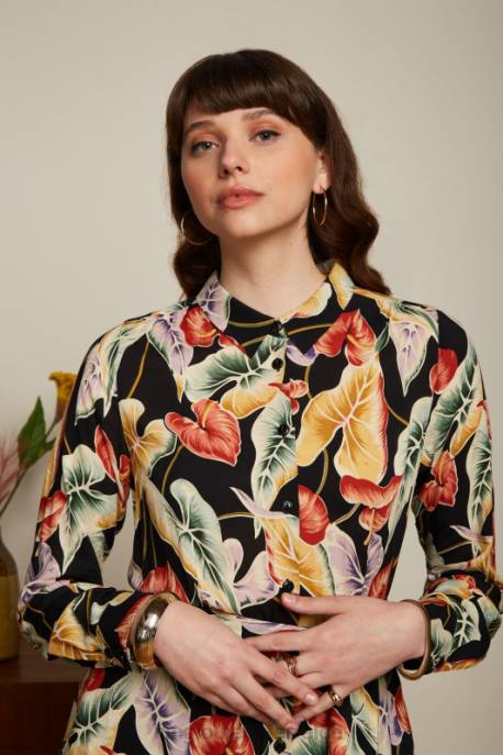 Bekleidung bei King Louie Frauen Olivgrünes Midikleid Marmora Schwarz 8LT029