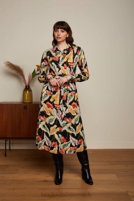 Bekleidung bei King Louie Frauen Olivgrünes Midikleid Marmora Schwarz 8LT029