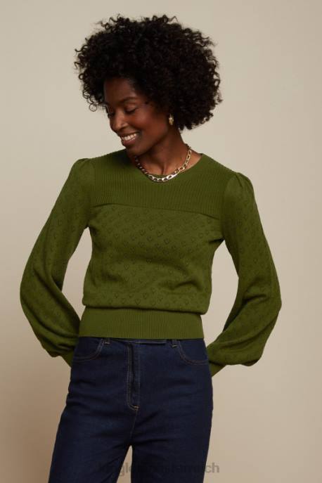 Bekleidung bei King Louie Frauen Bella Glockenärmel-Top mit Herz-Ajour-Motiv olivgrün 8LT090