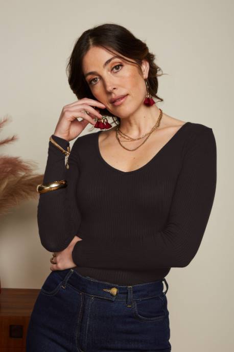 Bekleidung bei King Louie Frauen Carice V Top Uni Rib Schwarz 8LT052