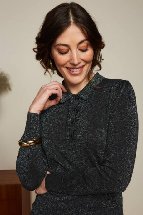 Bekleidung bei King Louie Frauen Polo-Rüschenoberteil Lapis Schwarz 8LT067